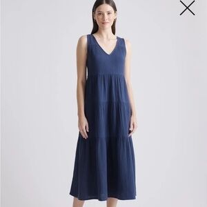 Quince 100% Organic Cotton Gauze Tiered Maxi Dress /Indigo Blue /L